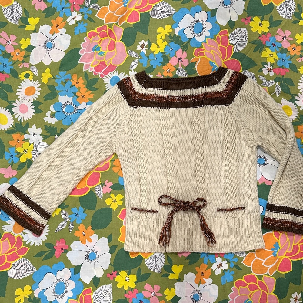 Vintage 70’s Chego Autumn Cream Sweater with Brown Trim SZ L